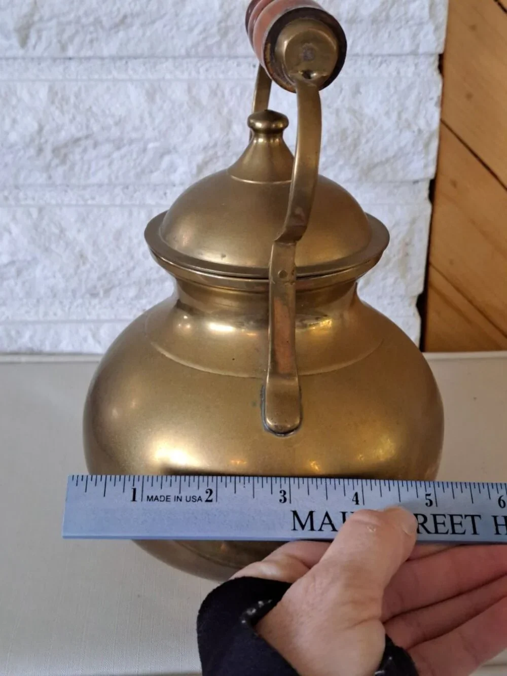 Vintage Brass Teapot With Wooden Handle And Hinged Lid  Collectible Home Decor